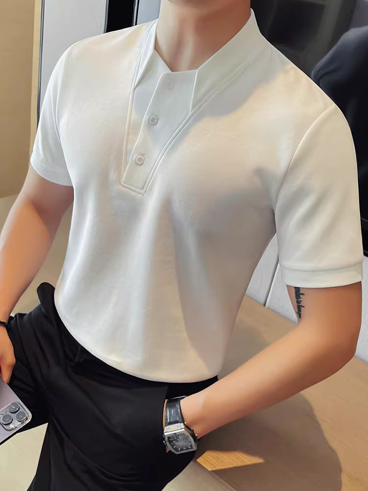 Áo thun cotton ngắn tay cổ chữ V giả hai mảnh dành cho nam, phong cách mùa hè mới, sành điệu và hợp thời trang, dáng ôm, áo đẹp trai.