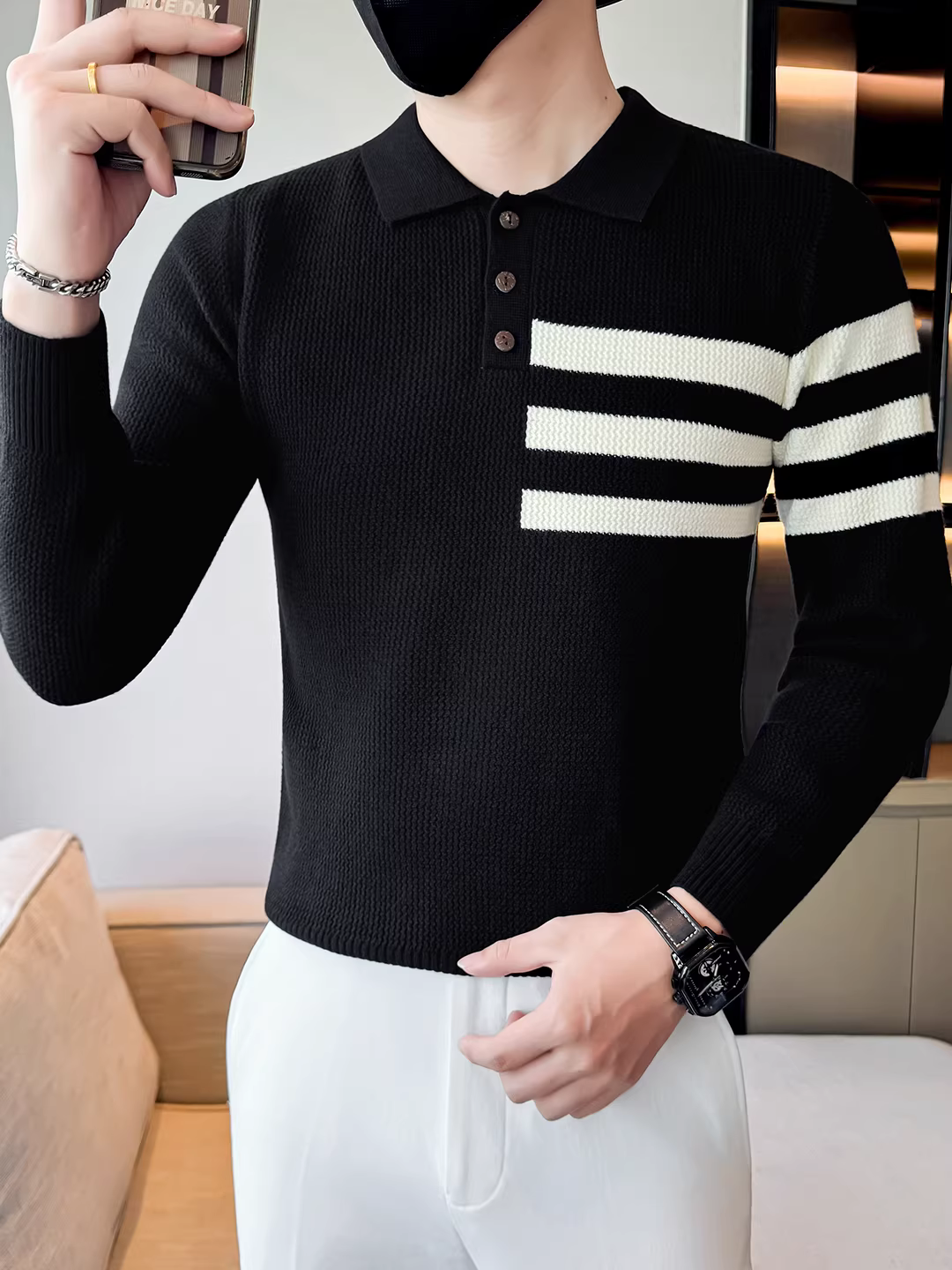 Áo len nam cổ POLO tay dài kiểu mới thu đông, đa năng và thời trang, áo len dệt kim cổ trụ phong cách casual