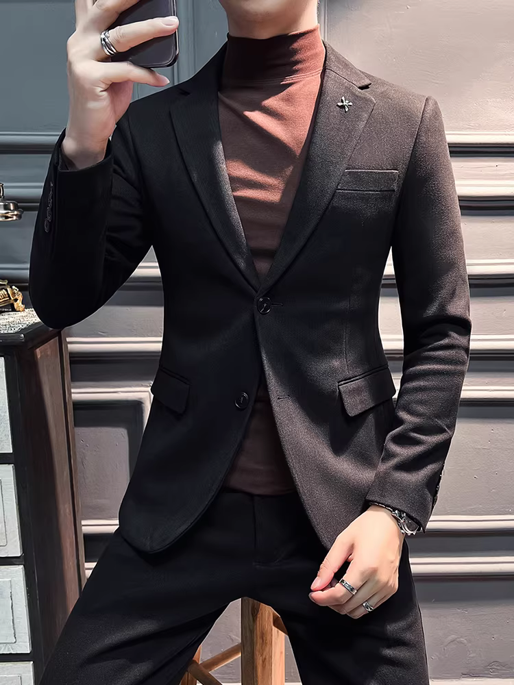 Bộ vest len dày giữ ấm cho nam, chất lượng cao, kiểu dáng lịch sự, ôm dáng, thời trang, kẻ sọc tối màu, bộ hai mảnh