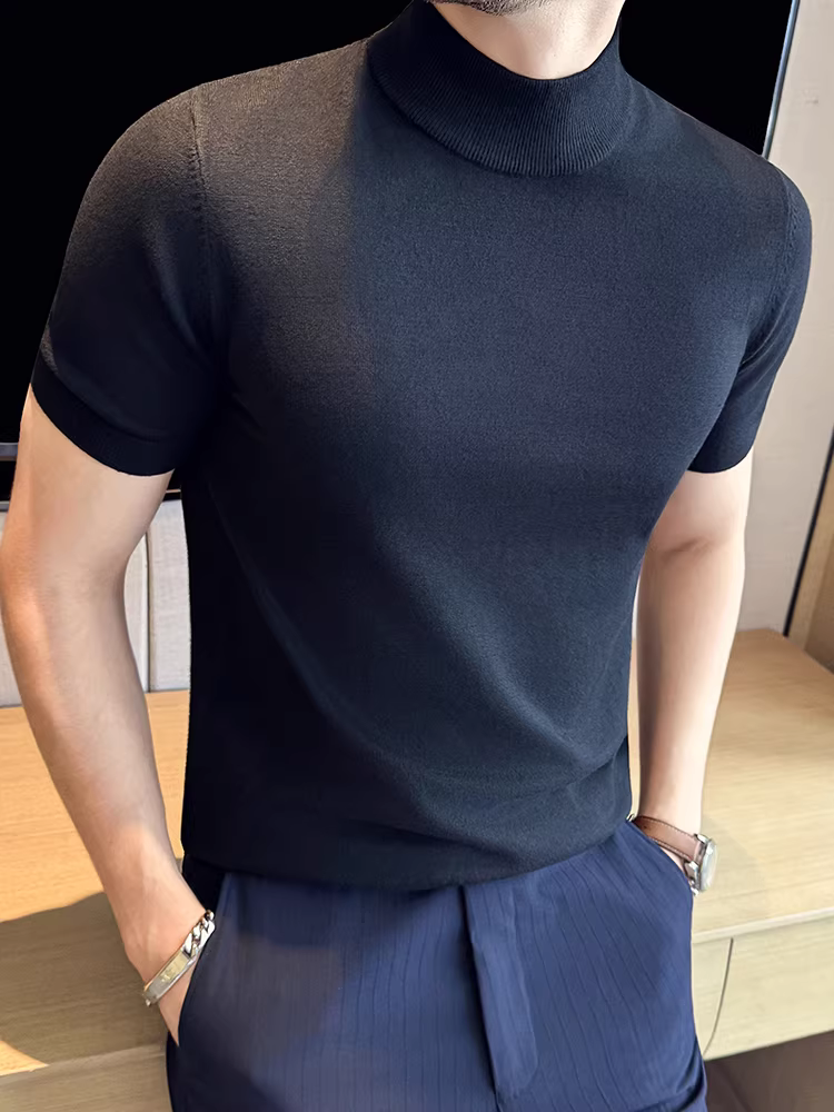 Áo len nam cổ lọ nửa cao tay ngắn mùa thu 2025 chất lượng cao thời trang ôm dáng cổ trung bình chất liệu dệt kim