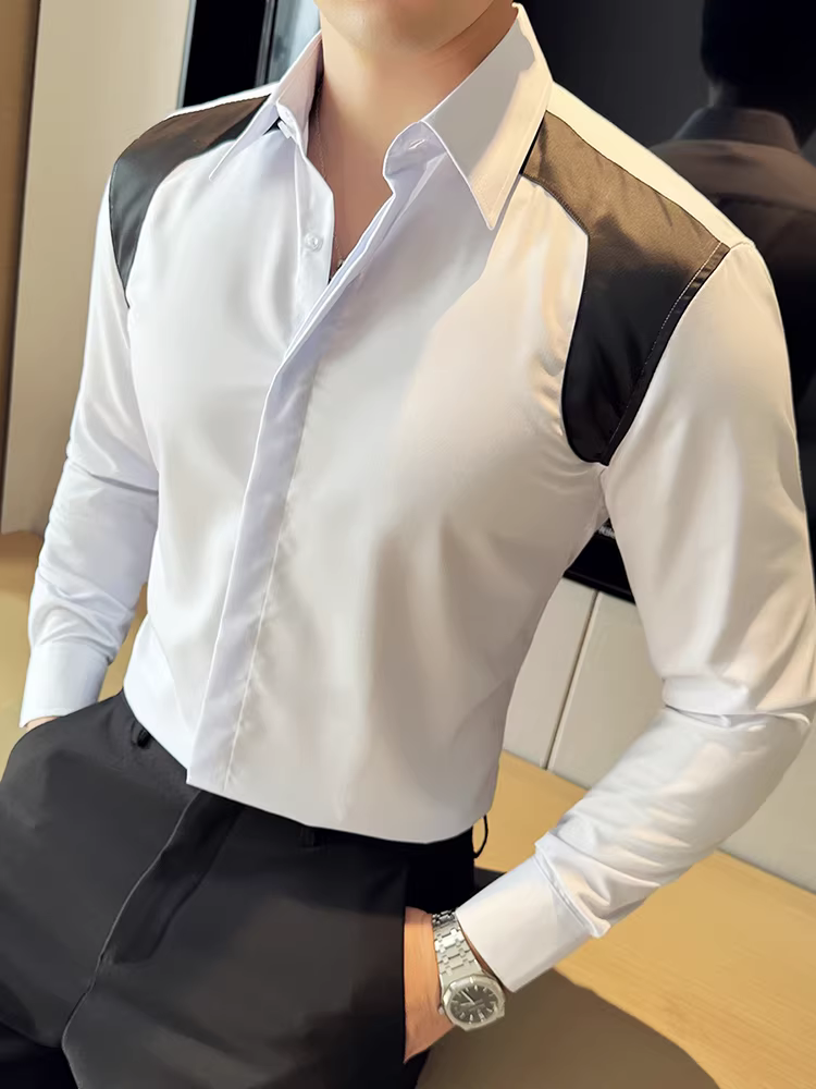 Áo sơ mi nam kiểu Anh, cổ rộng, phối nhiều chất liệu, tay dài, xu hướng thời trang cao cấp, dáng ôm, lịch lãm, áo sơ mi casual cao cấp