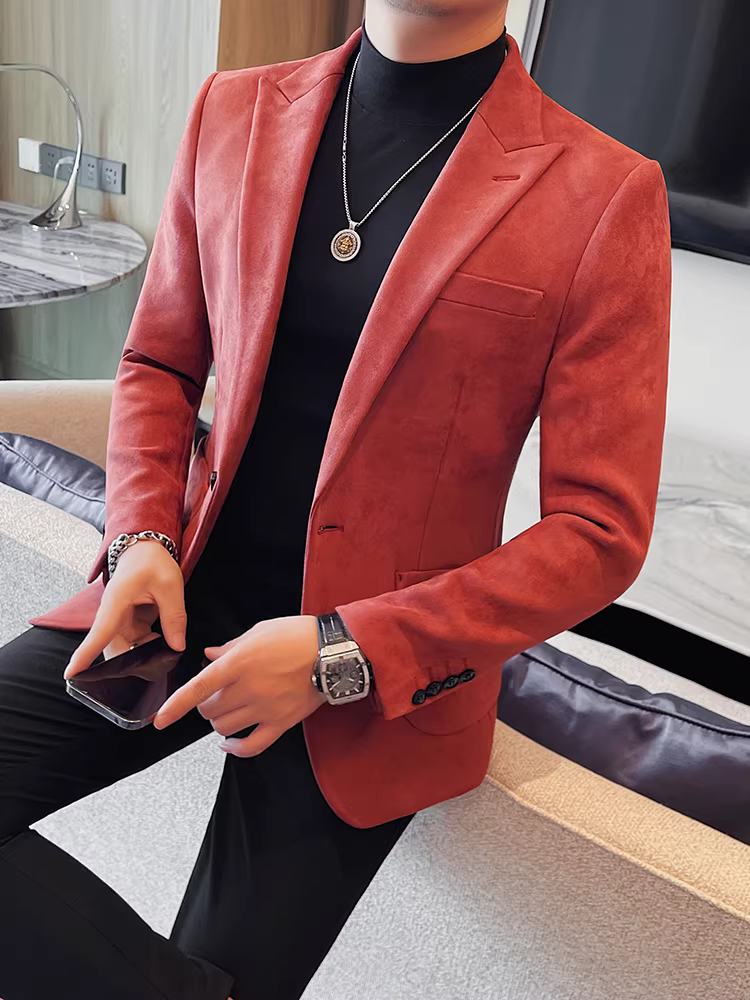 Áo blazer da lộn nam, kiểu mới thu đông 2024, phong cách công sở lịch lãm, cao cấp, thời trang và đơn giản.