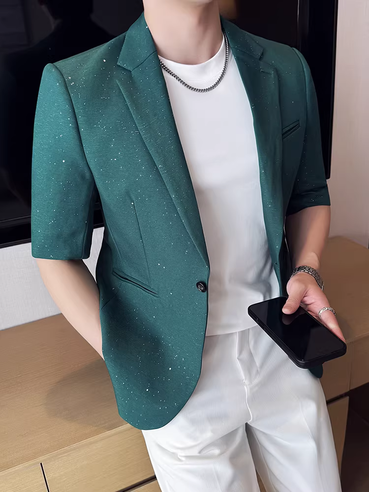 Áo khoác vest nam ngắn tay in vàng Gypsophila, kiểu dáng mỏng mùa hè, thời trang, hợp thời trang, sành điệu, đẹp trai, bộ vest đơn giản giản dị.