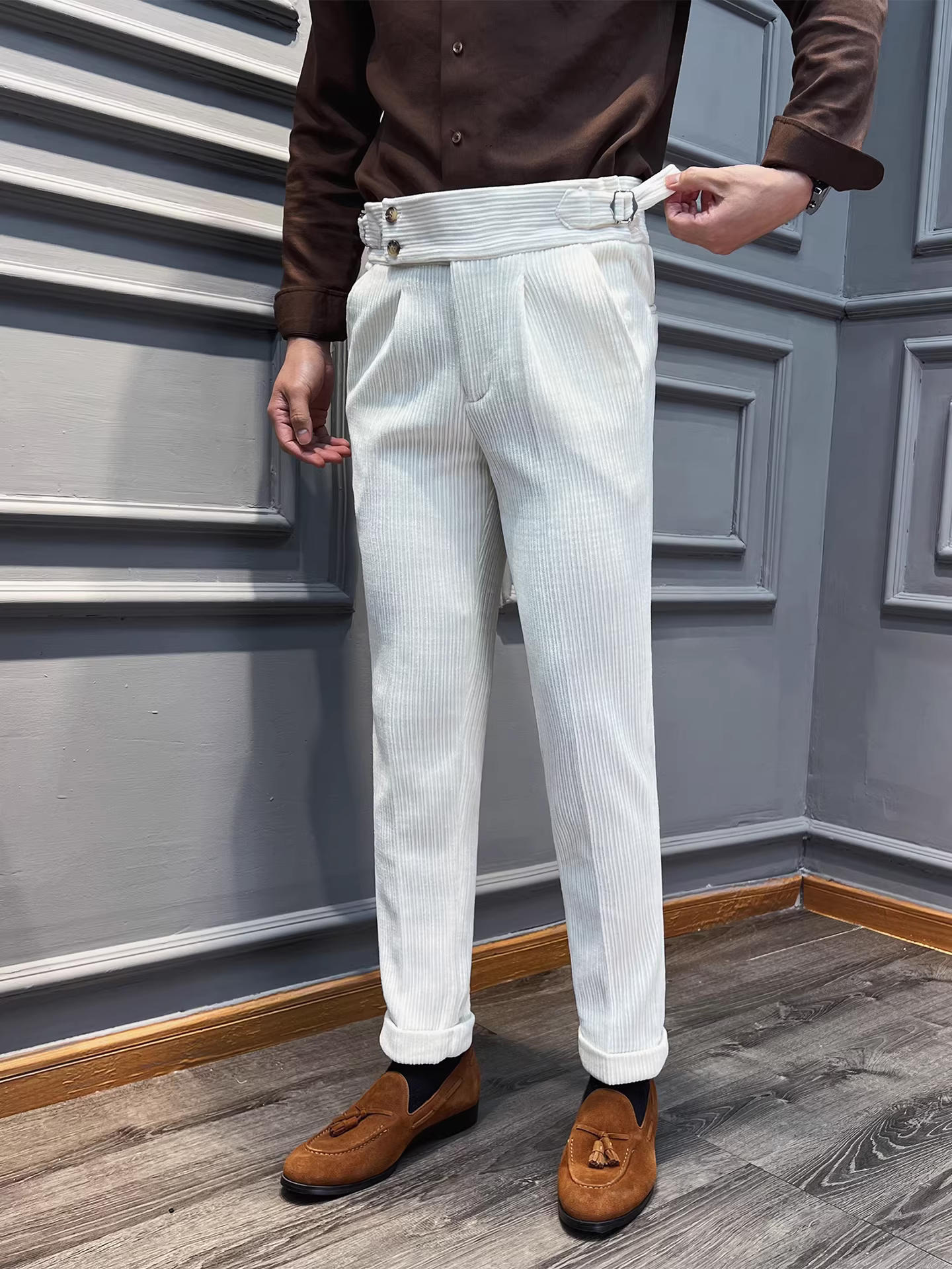 Quần âu nam chất liệu nhung dày kiểu Naples, mùa thu đông, phong cách thường ngày, công sở, đa năng, ôm dáng, cạp cao.