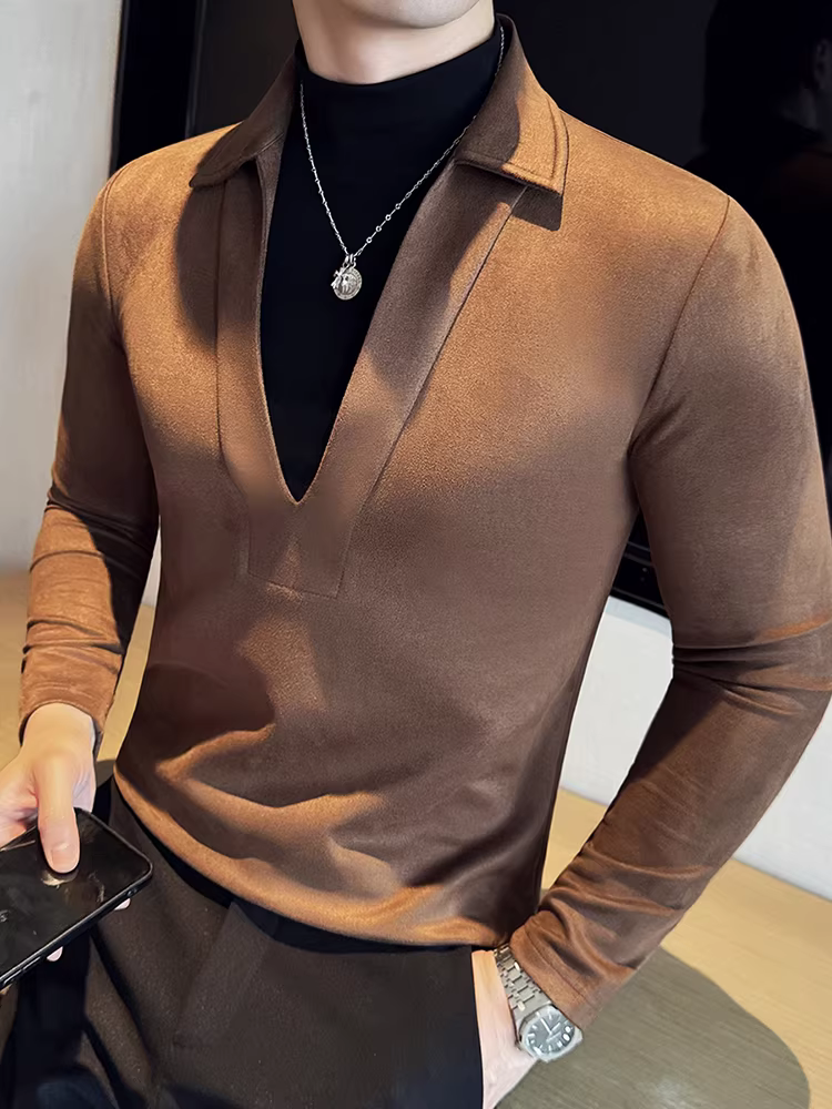 Áo sơ mi len giả hai mảnh cổ chữ V sâu dành cho nam, dài tay, dày dặn cho mùa thu đông, cảm giác cao cấp, áo thun phối da lộn.