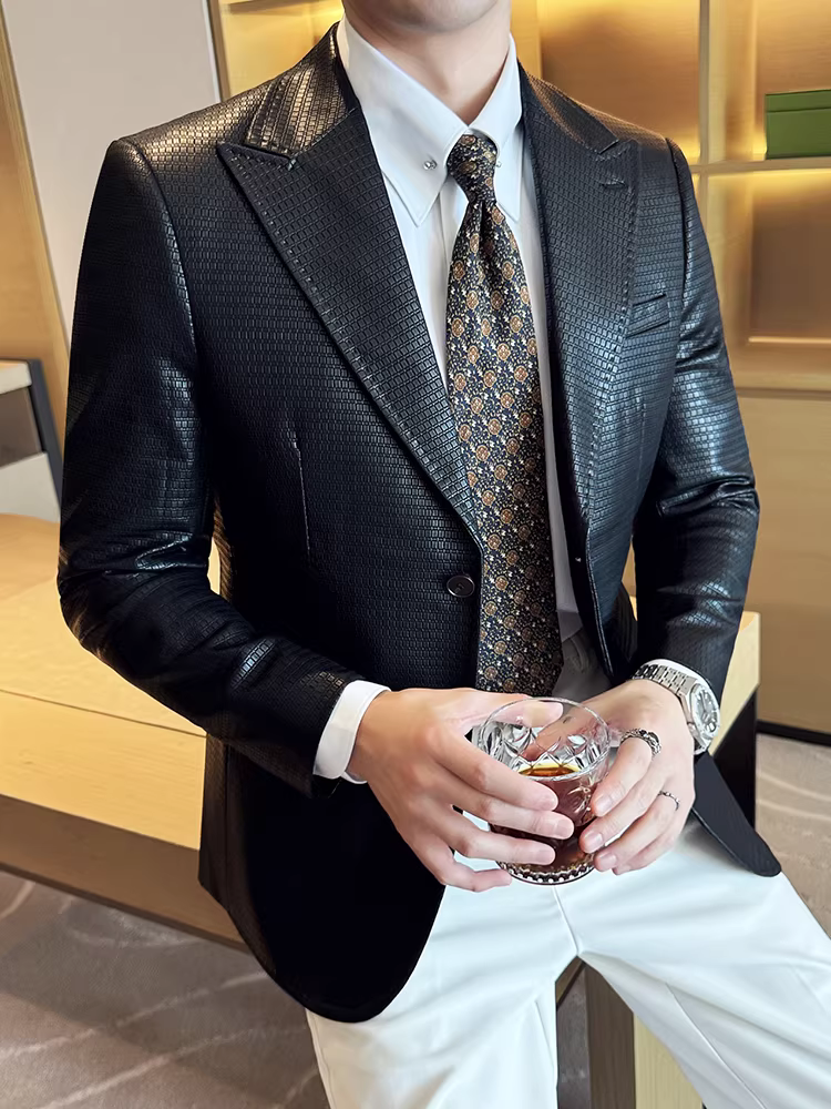 Áo khoác vest da kiểu waffle dành cho nam 2024, kiểu dáng công sở lịch lãm, đa năng, hợp thời trang, ôm dáng, cao cấp