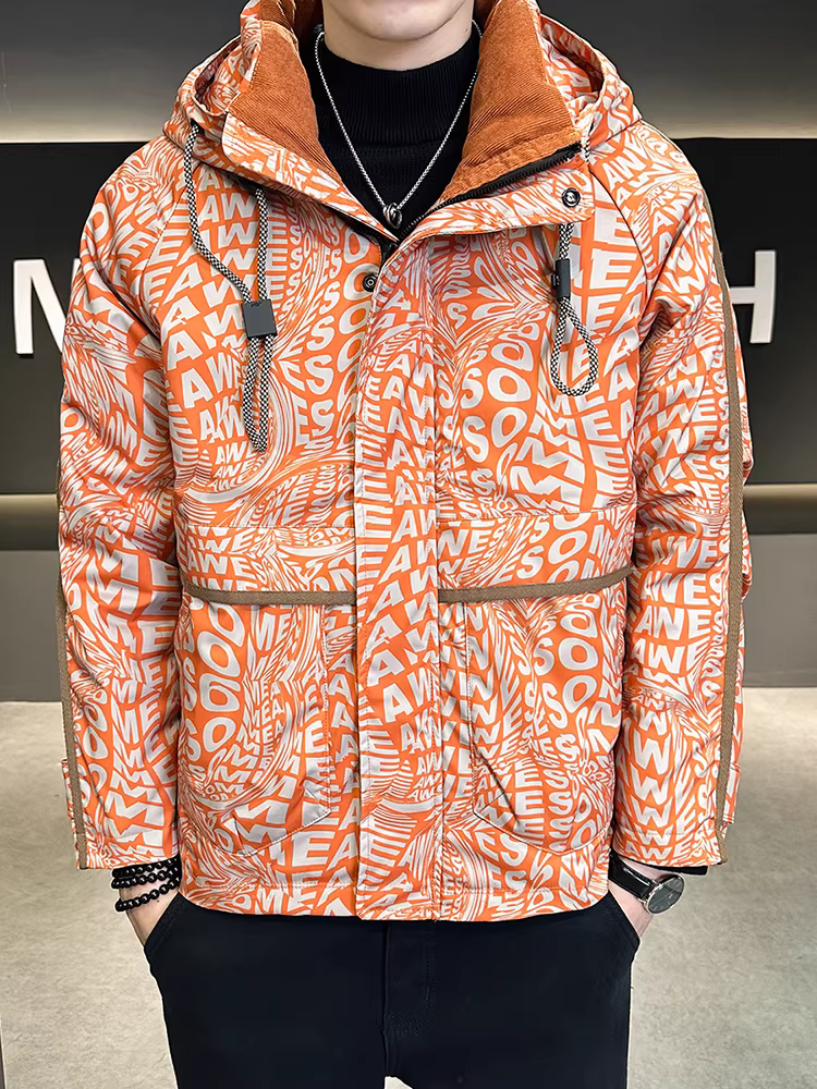 Áo khoác có mũ trùm đầu in hình cao cấp dành cho nam, mùa đông dày dặn, kiểu dáng thời trang, ôm dáng, ngắn gọn, chất lượng cao