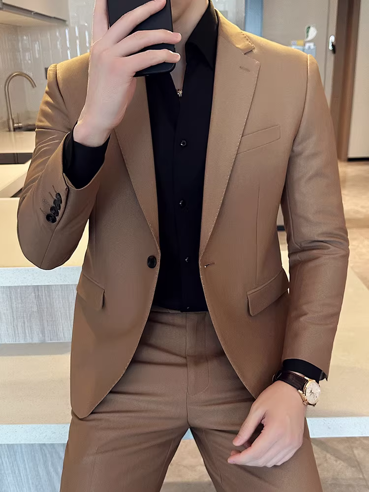 Bộ vest nam một nút, trang phục công sở lịch lãm cao cấp, kiểu dáng Anh, ôm dáng, bộ vest cưới ba mảnh dành cho chú rể