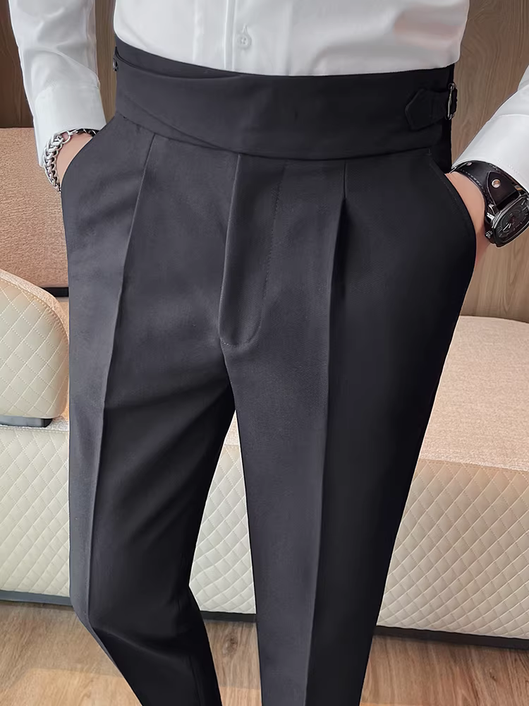 Quần âu nam Napoli cạp cao, màu trơn, chất liệu kaki, mùa xuân thu, kiểu dáng ôm body cao cấp, lịch sự, thẳng ống.