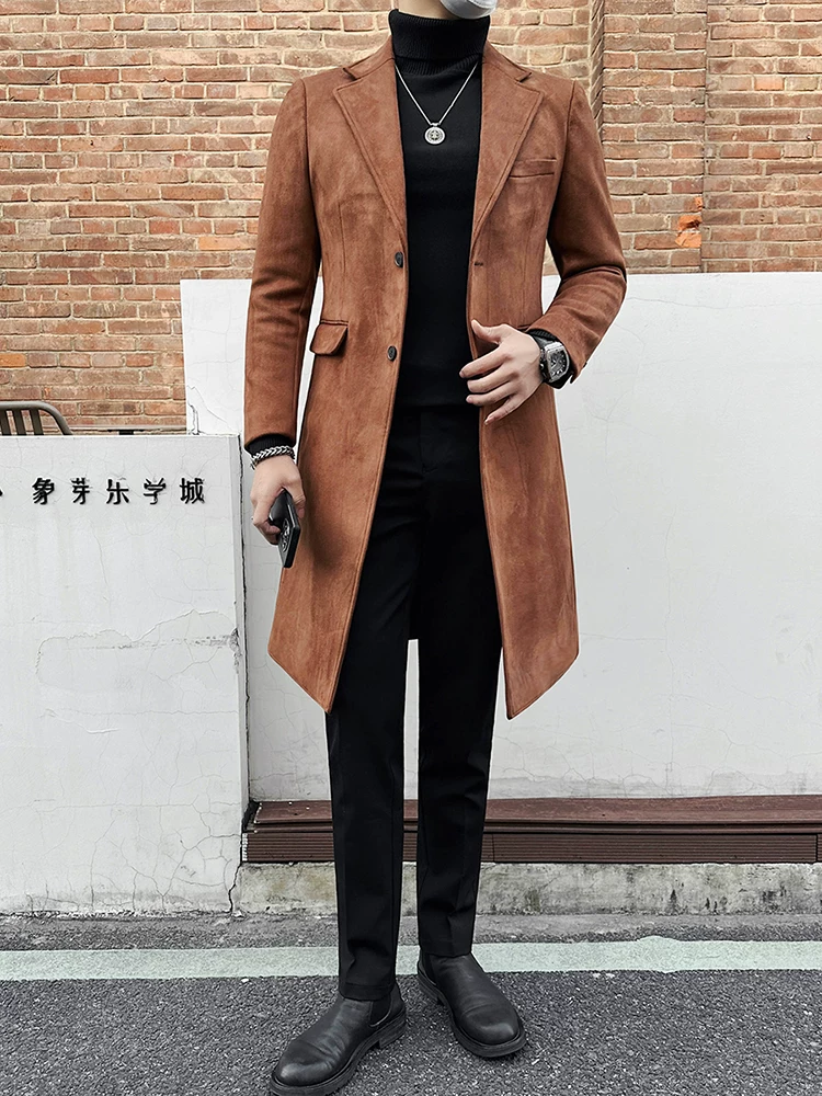 Áo khoác len da lộn cho nam, dài vừa phải, mùa đông, có đệm và dày dặn, áo khoác len cao cấp, hợp thời trang, đa năng.