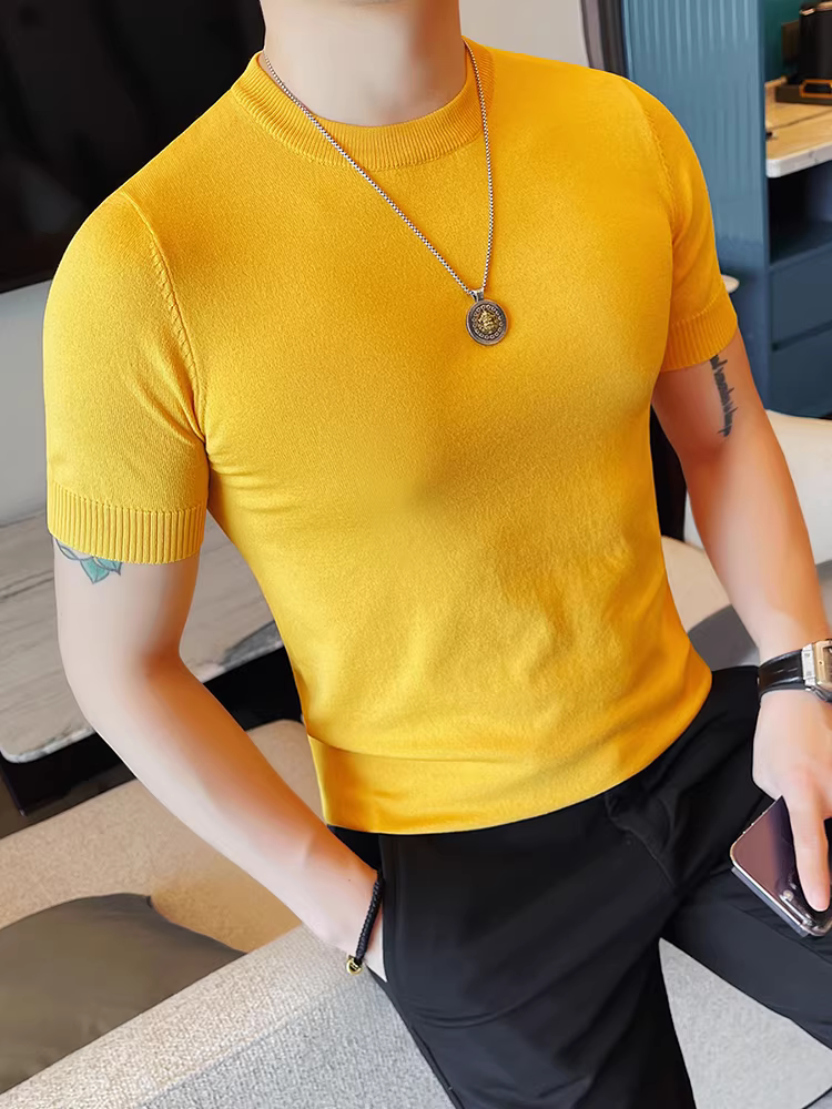 Áo thun nam ngắn tay bằng vải lụa băng dệt kim, mát mẻ và thoáng khí trong mùa hè, áo cổ tròn thời trang và đa năng.