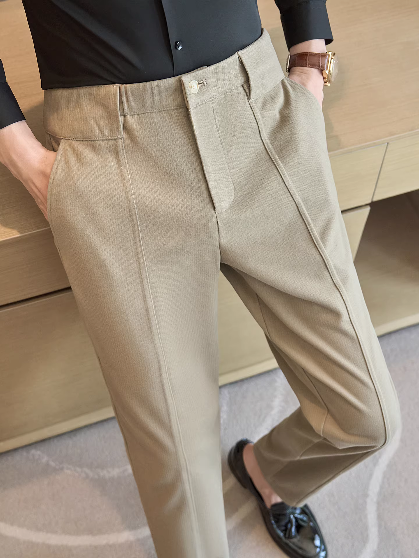 Quần tây nam mùa thu đông chất liệu len, cao cấp, thiết kế lưng thun, hợp thời trang, đa năng, kiểu dáng công sở lịch lãm