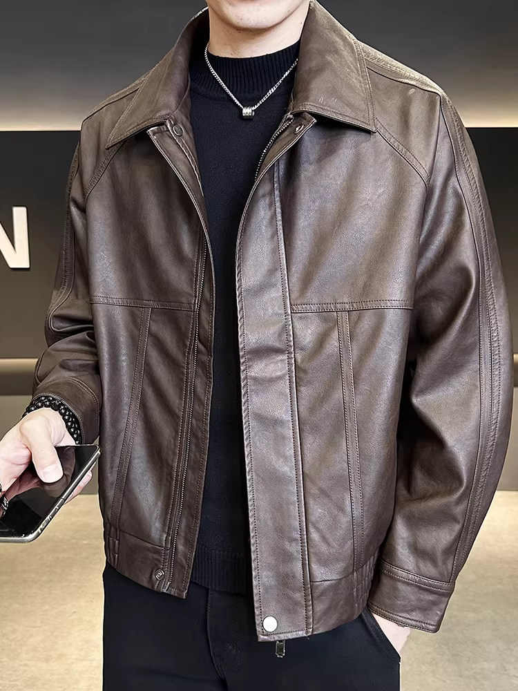 Áo khoác da nam có ve, kiểu dáng thời trang thu đông 2025, kiểu dáng ngắn, áo khoác da PU phong cách biker lịch lãm