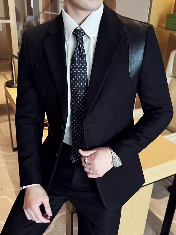 Bộ vest nam cao cấp phối da kiểu dáng mới 2025, thời trang công sở lịch lãm, ôm dáng, bộ vest lịch sự