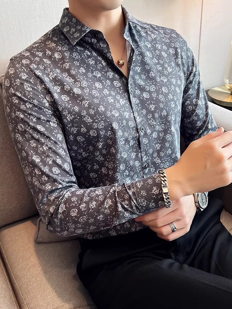 Áo sơ mi hoa cho nam, dài tay, cao cấp, sành điệu, hợp thời trang, ôm dáng, công sở, không nhăn, phong cách Anh, trang phục lịch sự và chuyên nghiệp.