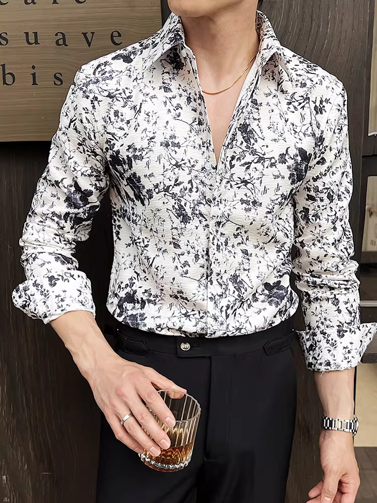 Áo sơ mi nam in 3D stereo tay dài xuân 2025 kiểu mới phong cách Anh quốc thời trang lịch lãm, kiểu dáng công sở cài khuy giấu