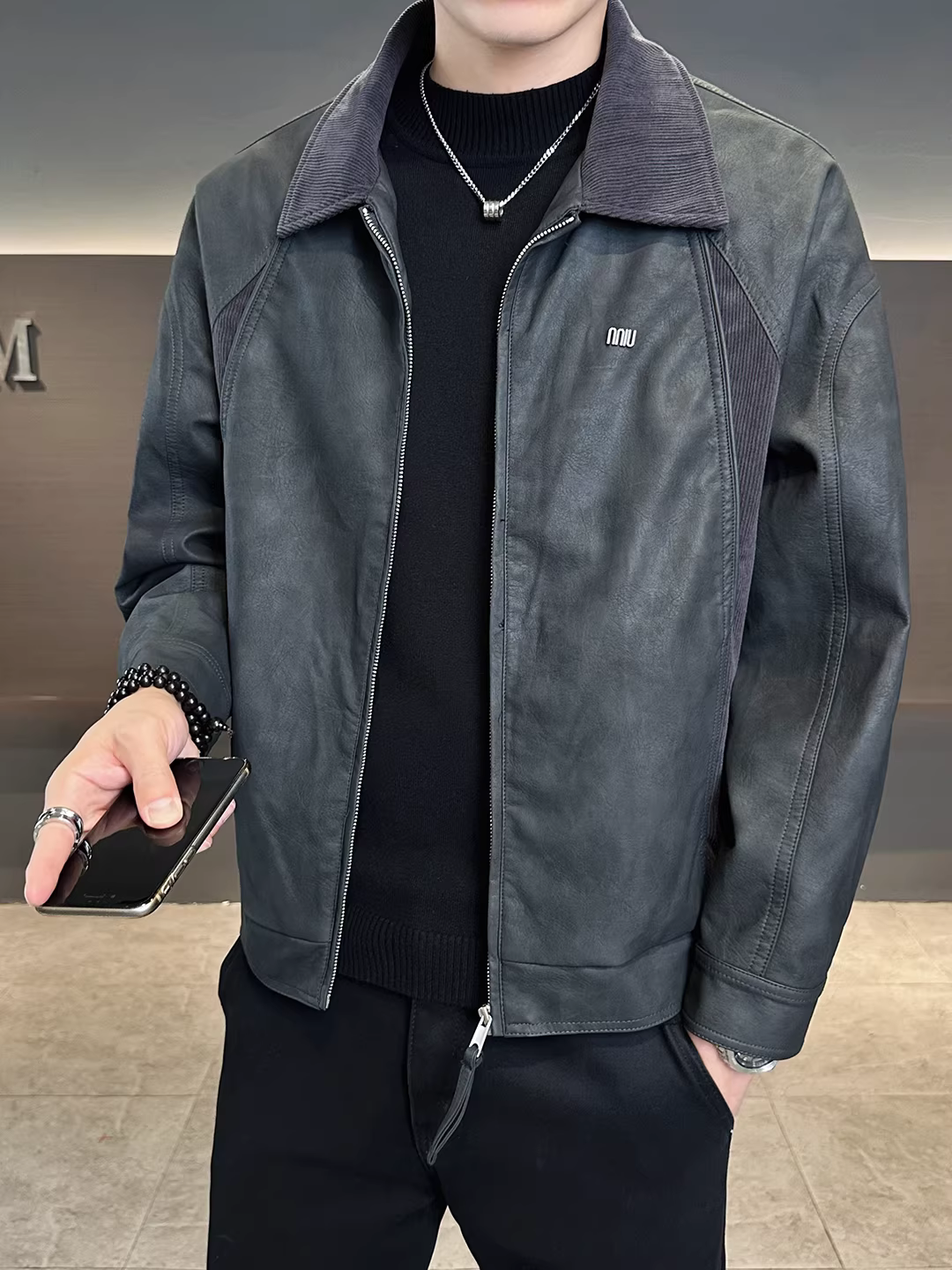Áo khoác da phối chất liệu cao cấp dành cho nam, kiểu dáng thời trang mới mùa thu 2025, kiểu dáng ngắn phong cách biker.