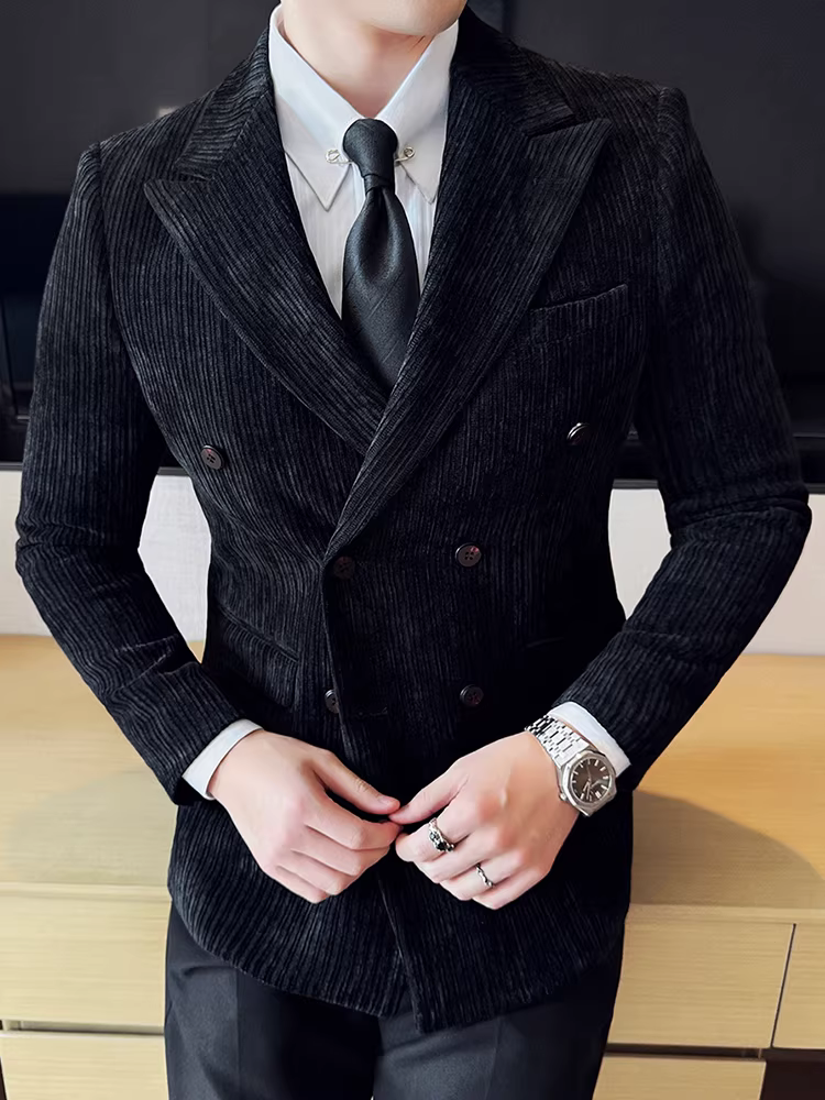 Áo blazer nam chất liệu nhung tăm, dáng hai hàng khuy, kẻ sọc, kiểu dáng ôm body, dễ chăm sóc, bộ vest công sở mới mùa thu 2025