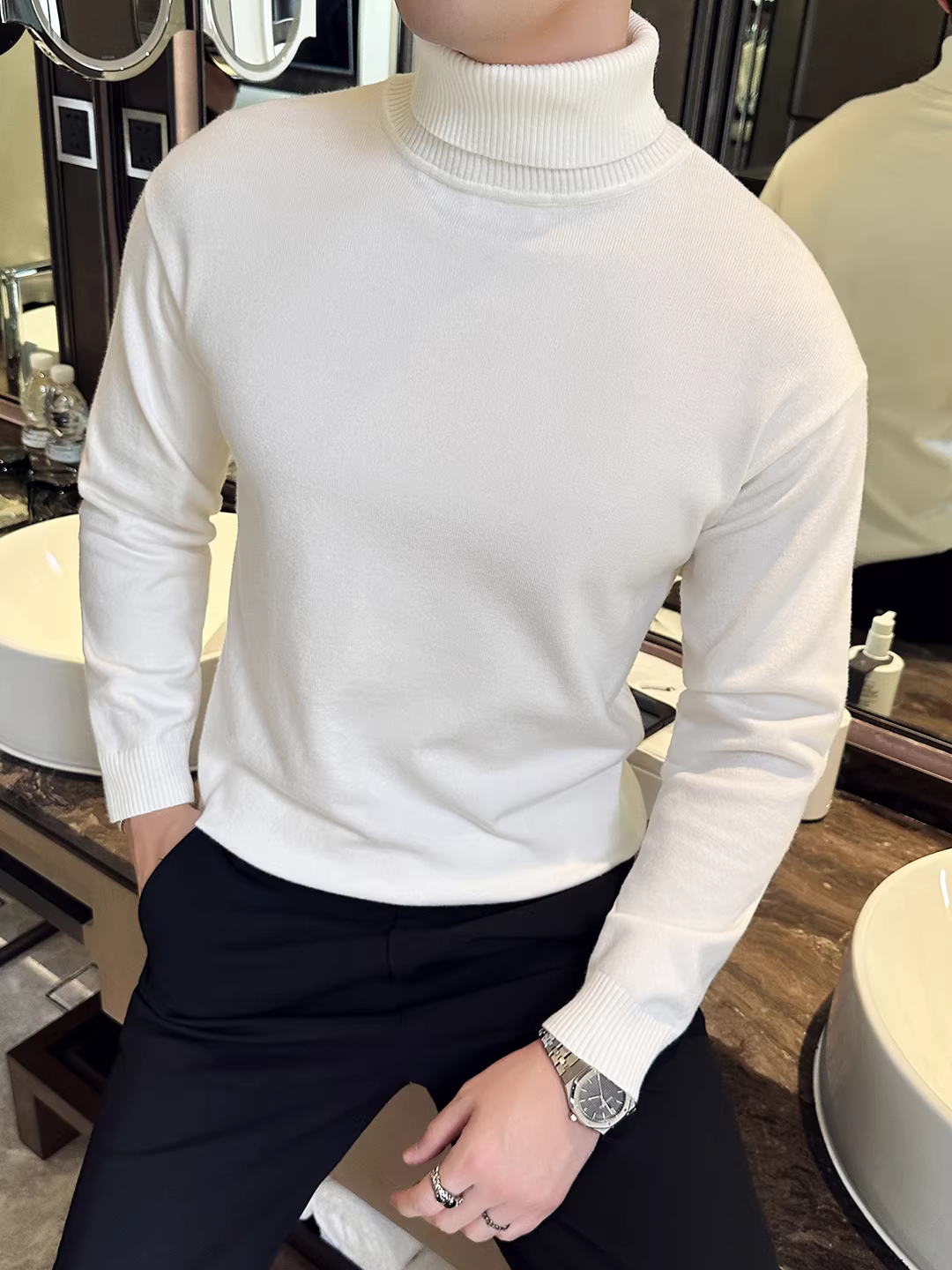 Áo len cổ lọ nam, tay dài, thời trang thu đông, đa năng, ôm dáng, chất lượng cao, áo thun dệt kim cơ bản