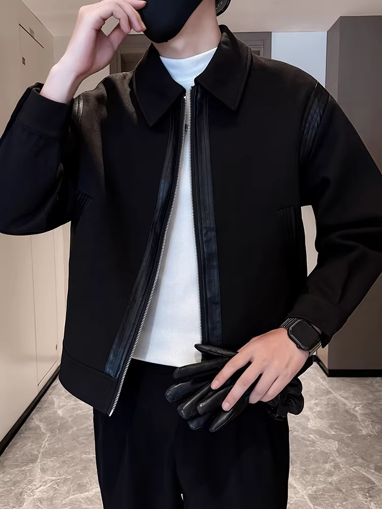 Áo khoác len nam phối da cho mùa thu đông, có đệm và dày dặn, kiểu dáng thời trang đa năng cao cấp