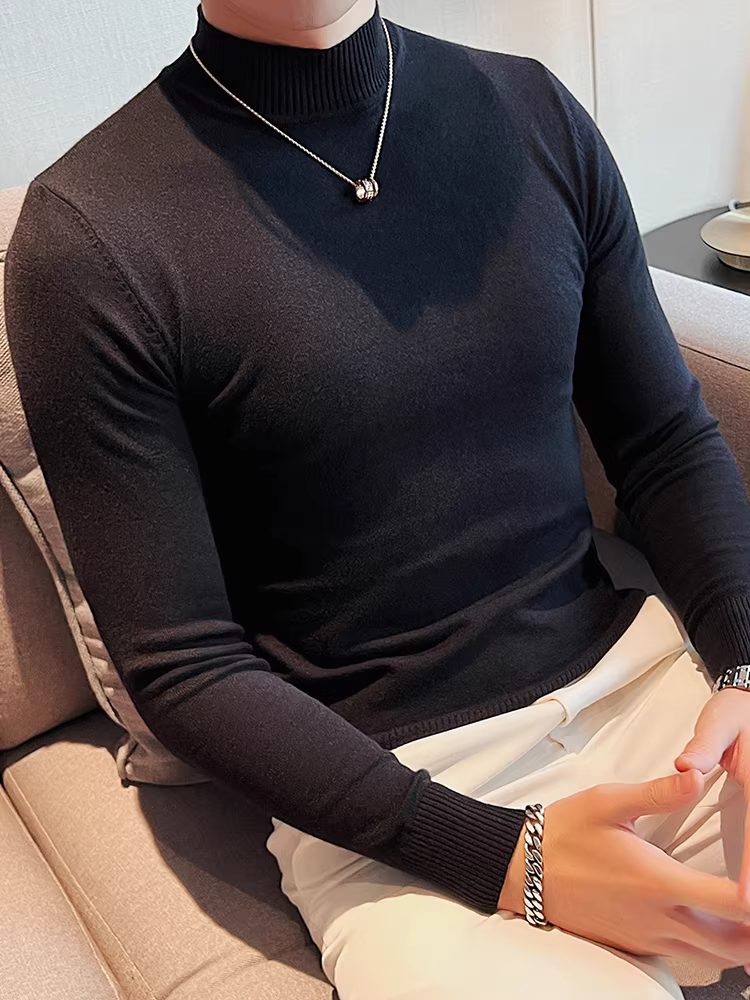 Áo len cổ lọ nửa cổ cho nam mùa thu đông, lót lông cừu giữ ấm, chất liệu cao cấp, dệt kim màu trơn, dáng ôm, phong cách Hàn Quốc, áo lót cổ trung.