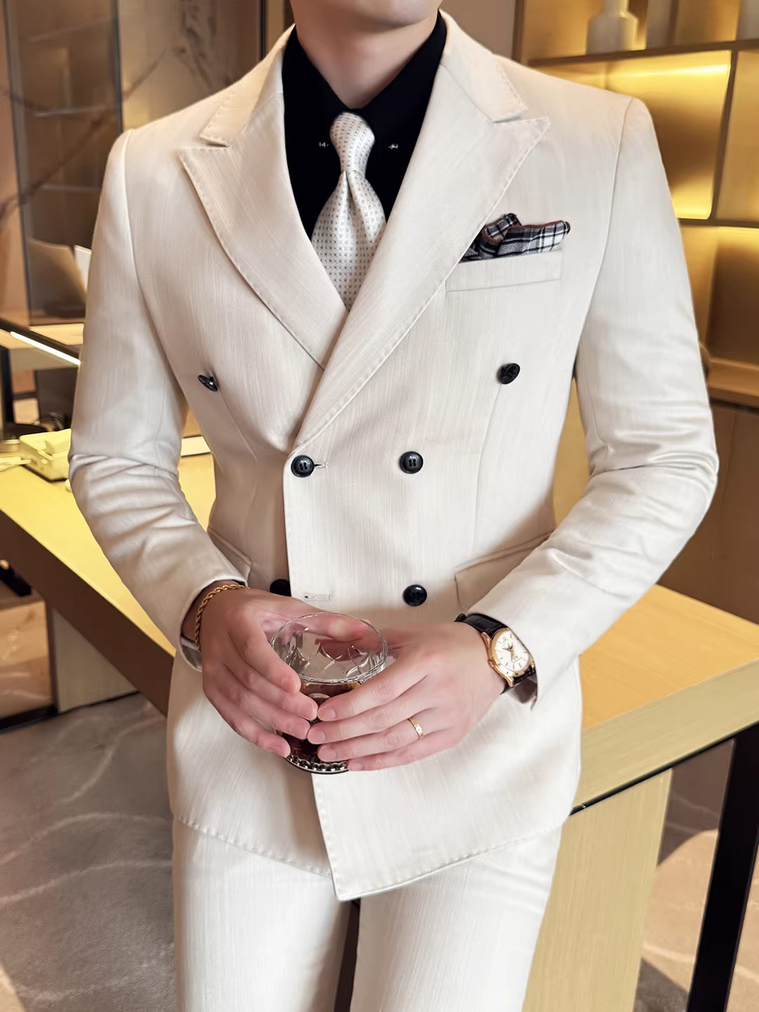 Bộ vest lyocell hai hàng khuy cho nam, trang phục công sở cao cấp, vest cưới phong cách Anh, bộ ba món