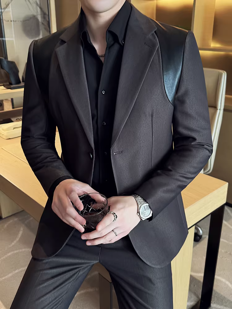 Bộ vest nam cao cấp phối da kiểu dáng mới 2025, thời trang công sở lịch lãm, ôm dáng, bộ vest lịch sự