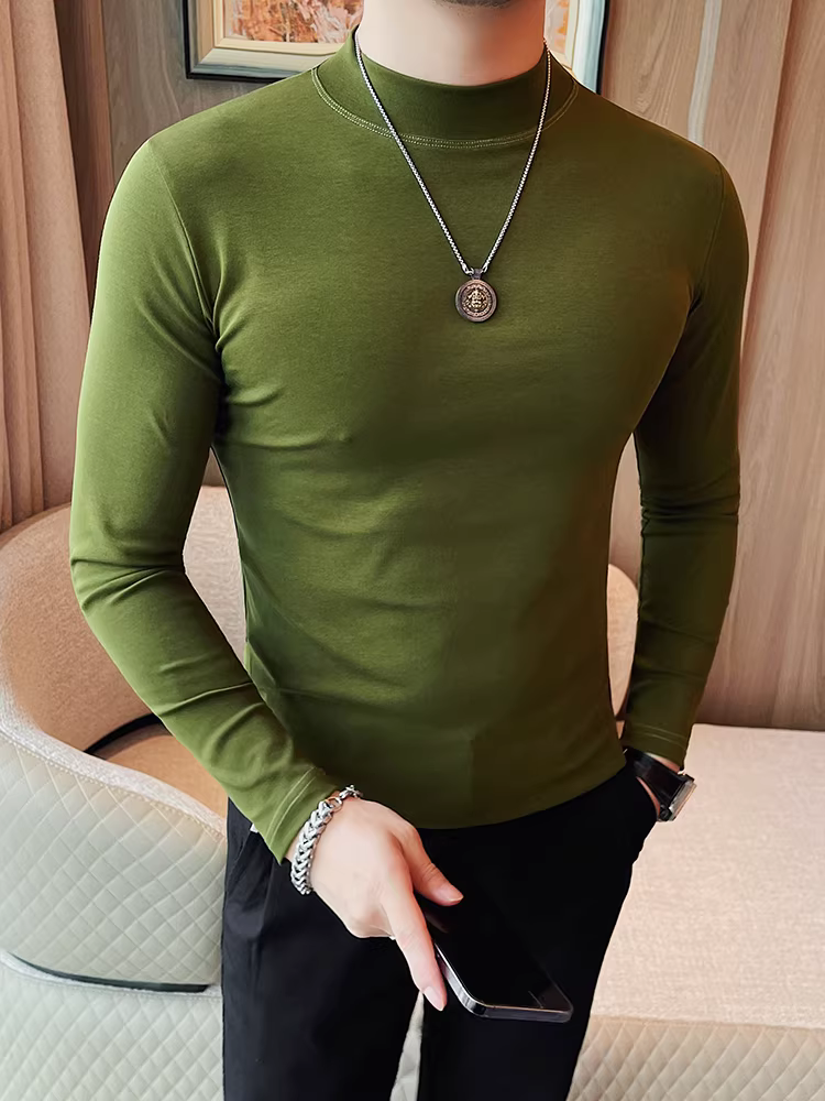 Áo thun dài tay cổ cao nửa cổ dành cho nam, mùa xuân thu, màu trơn, đa năng, thời trang, hợp thời trang, áo sơ mi cổ trung, dáng ôm, áo thun mặc bên trong.