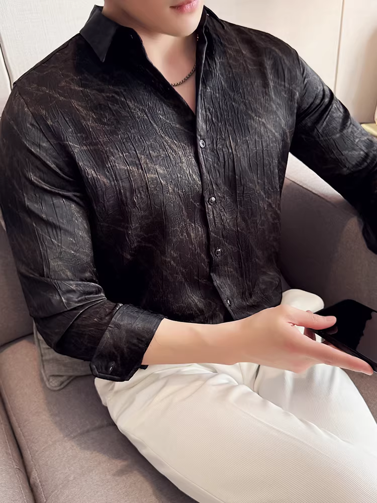 Áo sơ mi nam chất liệu acetate, tay dài, kiểu dáng lịch lãm, thời thượng, ôm dáng, phong cách công sở lịch sự, mẫu mới thu đông 2025