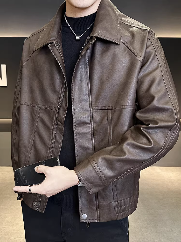 Áo khoác da nam có ve, kiểu dáng thời trang thu đông 2025, kiểu dáng ngắn, áo khoác da PU phong cách biker lịch lãm