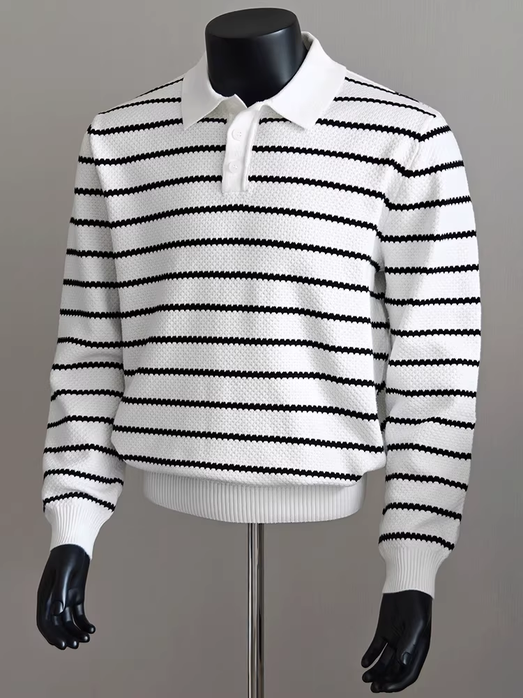 Áo len sọc cổ POLO dành cho nam, tay dài, thời trang thu đông mới, kiểu dáng thời thượng, đa năng, áo thun dệt kim cao cấp