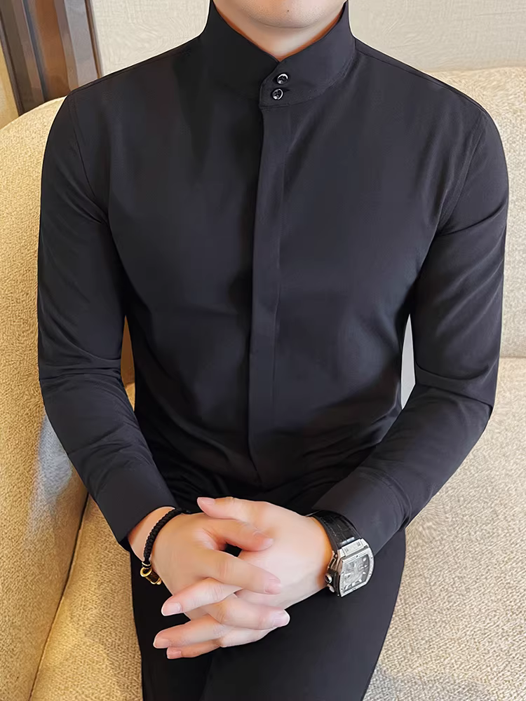 Áo sơ mi nam cổ đứng kiểu Trung Quốc mới, có nút ẩn, dài tay, cao cấp, thời trang, ôm dáng, công sở giản dị, áo sơ mi trắng chống nhăn