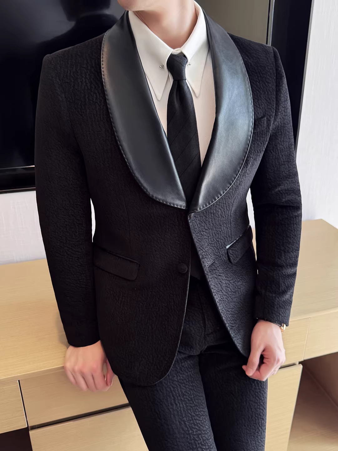 Bộ vest nam phối da màu xanh lá, kiểu dáng mới thu đông, dành cho dạ hội, công sở, kiểu dáng ôm sát, gồm hai mảnh