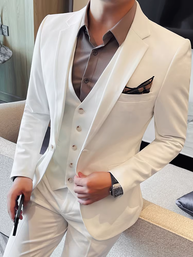 Vest cao cấp dành cho nam, trang phục chủ trì tiệc doanh nghiệp, vest trắng, ôm dáng, vest cưới chú rể lịch lãm, vest ba mảnh