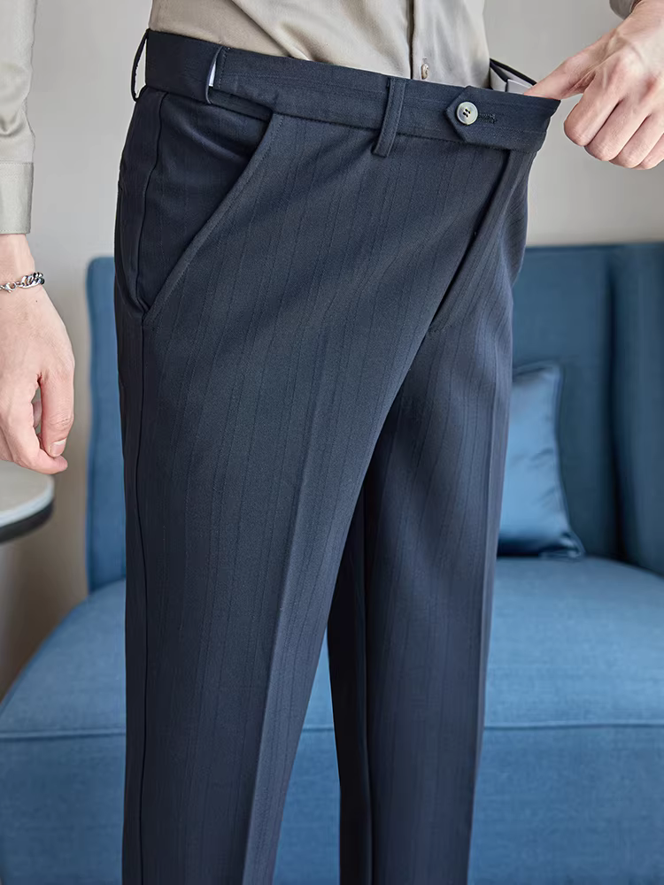 Quần âu nam kẻ sọc ba chiều co giãn không đường may, kiểu dáng ôm body, xu hướng mới thu đông 2024