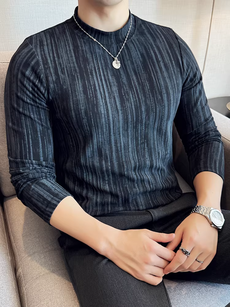 Áo thun nam cổ cao nửa cổ sọc gradient, dài tay, thời trang thu mới, hợp thời trang, ôm dáng, sành điệu, áo lót bên trong.