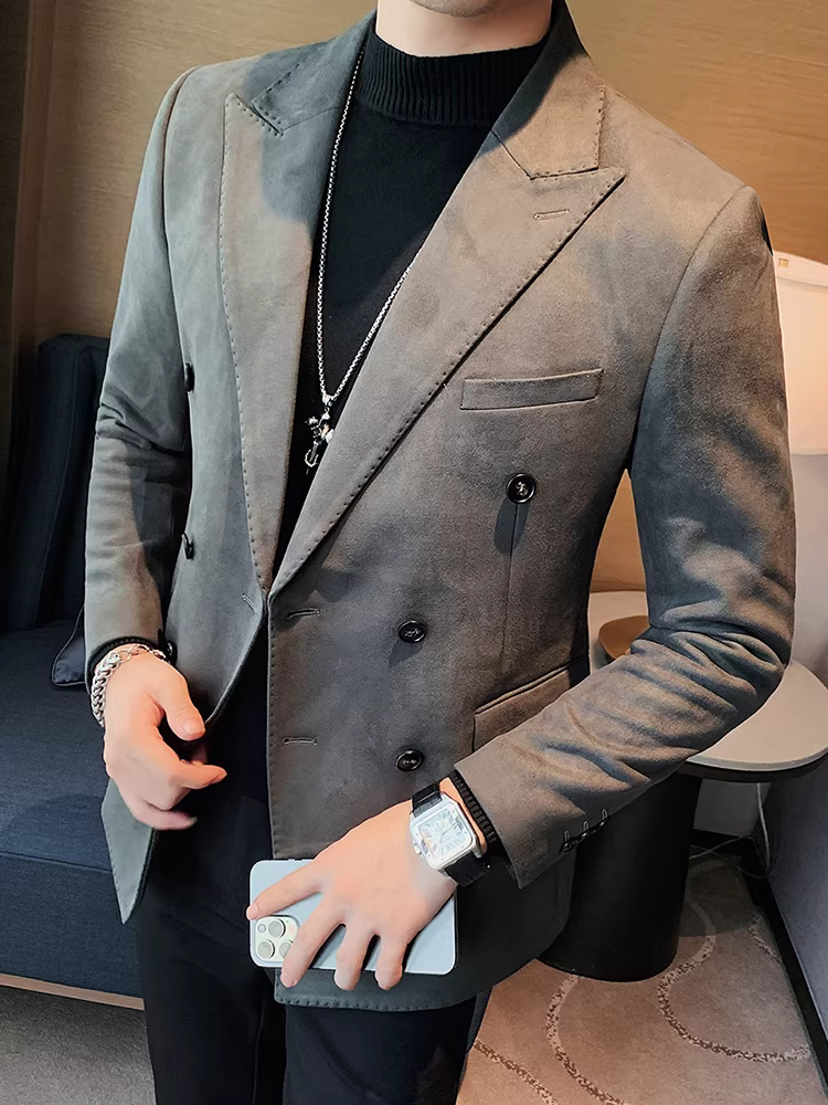 Áo blazer da lộn nam, thu đông 2025 kiểu Hàn Quốc mới, dáng ôm, phong cách thường ngày, công sở, dễ chăm sóc, kiểu dáng hai hàng khuy