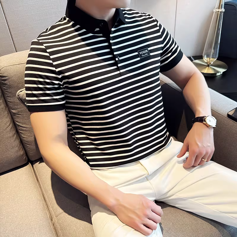 Áo polo sọc có họa tiết dành cho nam, tay ngắn, kiểu dáng mùa hè mới, hợp thời trang và sành điệu, ôm dáng, phong cách Anh quốc, mát mẻ và đẹp trai, áo thun có cổ.