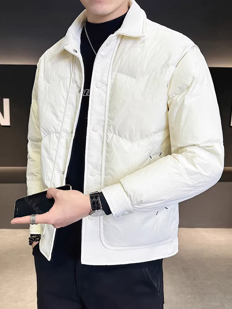 Áo khoác phao nhẹ nam cổ trụ mùa đông 2025 thiết kế phối màu cao cấp phong cách kinh doanh lịch sự ngắn