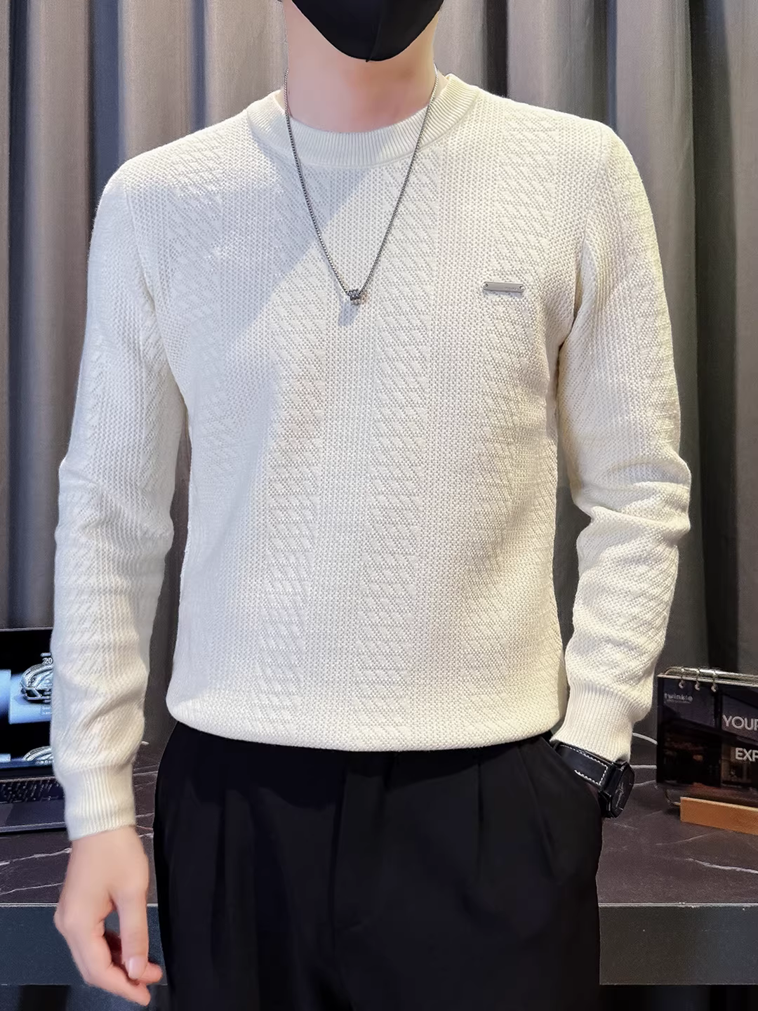 Áo len cổ tròn cao cấp dành cho nam, dài tay, dày dặn cho mùa thu đông, thời trang, sành điệu, đẹp trai, dáng rộng, áo sơ mi dệt kim đa năng.