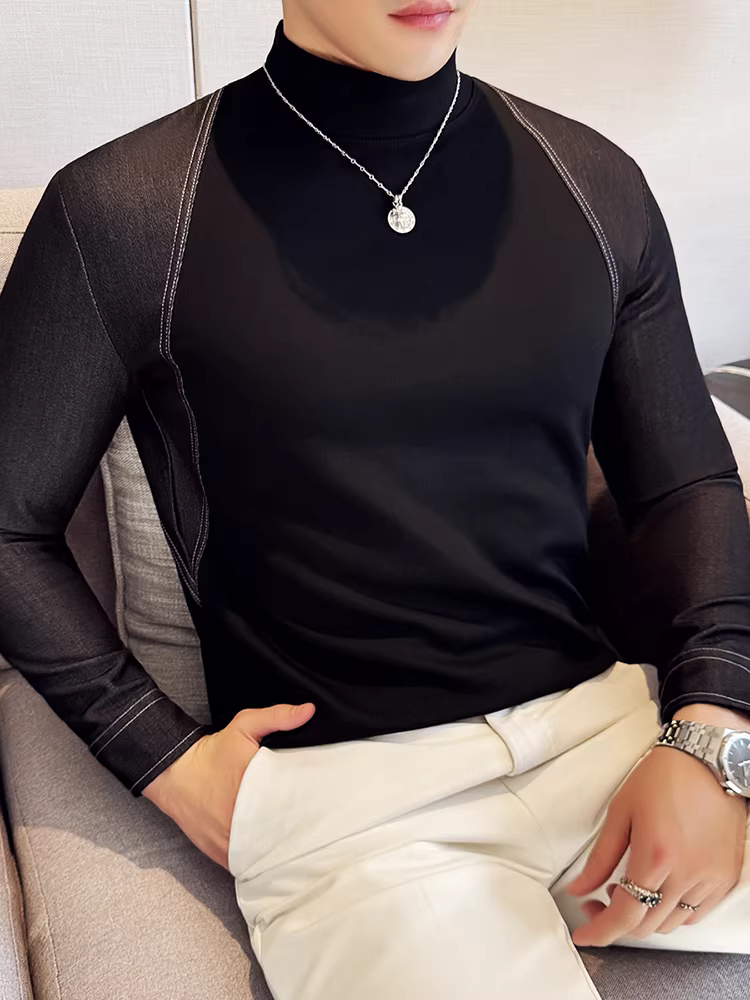 Áo thun nam denim phối vải, cổ nửa cao, tay dài, kiểu dáng thời trang, ôm body, đa năng, áo lót nam thời thượng