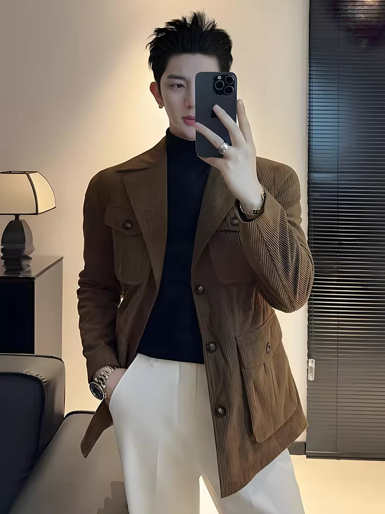 Áo khoác săn bắn bằng vải gân kiểu tiền cổ Anh dành cho nam, dài trung bình, kiểu dáng thu đông mới, dáng rộng, đa năng và thời trang.