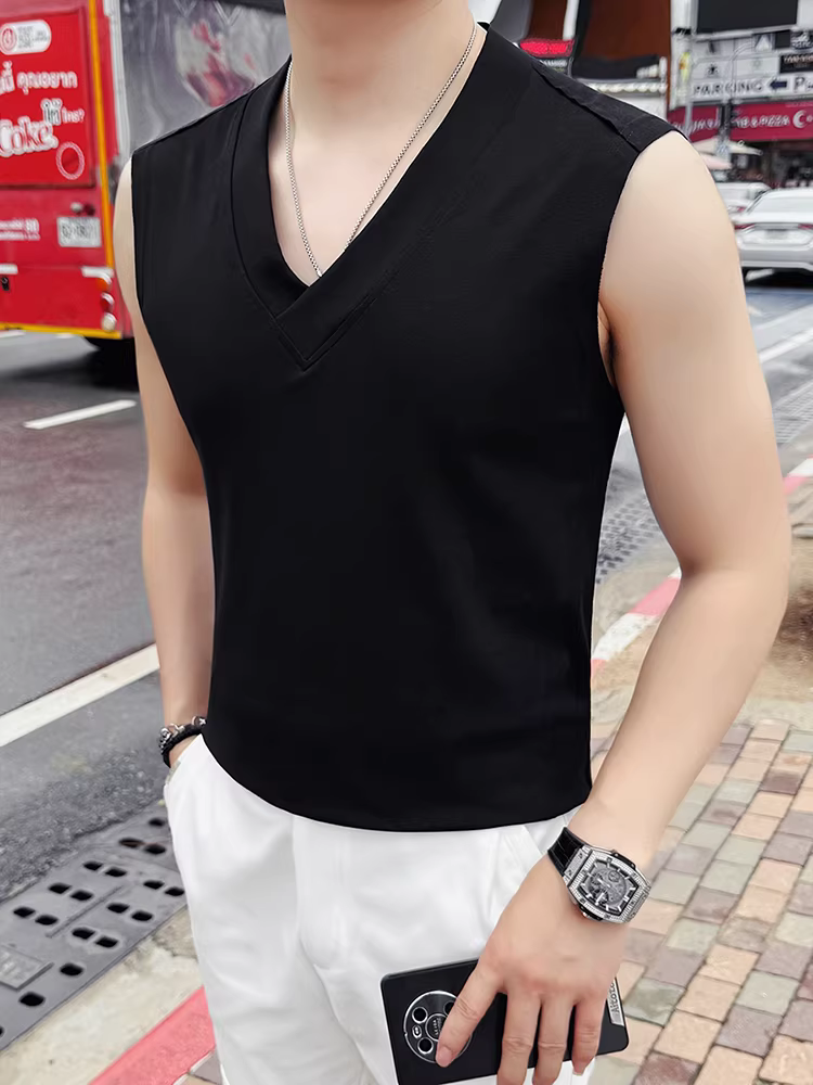 Áo gile nam cổ V không tay, kiểu mới hè 2025, áo thể thao cao cấp, đa năng và thoải mái, màu đen.