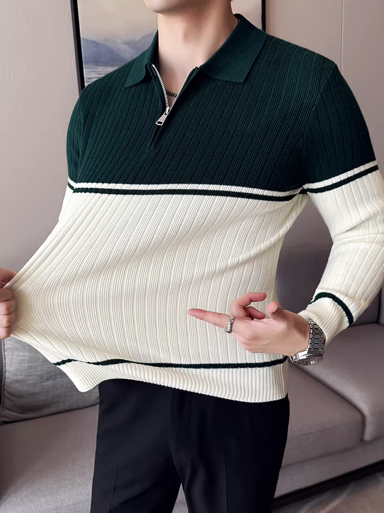 Áo len nam cổ trụ nửa khóa kéo, phối màu, tay dài, kiểu dáng mới thu đông 2025, cao cấp, ôm dáng, thời trang, kiểu áo Polo dệt kim
