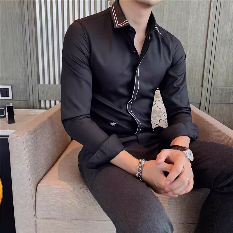 Áo sơ mi nam kẻ sọc phong cách Anh quốc mới mùa xuân thu, kiểu Hàn Quốc, thời trang, lịch lãm, dáng ôm, màu trắng