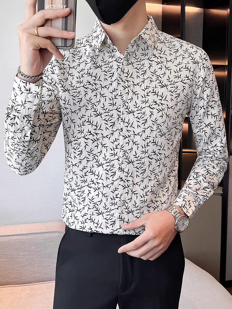 Áo sơ mi nam cao cấp in họa tiết, tay dài, thời trang thu đông 2025, kiểu dáng ôm body, hợp xu hướng, lịch lãm, cá tính, áo sơ mi thường ngày