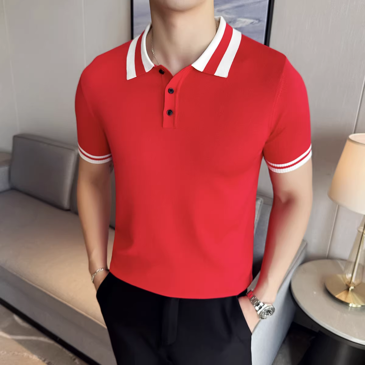 Áo polo dệt kim mỏng bằng lụa băng kiểu Anh dành cho nam, tay ngắn, thoáng khí, thoải mái, đa năng, áo thun phối màu cao cấp cho mùa hè