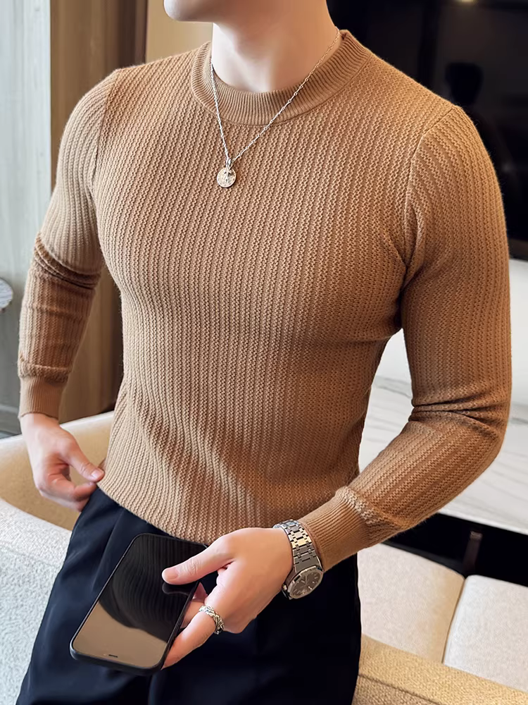 Áo len nam cao cấp cổ tròn, sọc gợn sóng, tay dài, kiểu dáng ôm body dày dặn, cổ trung, chất liệu dệt kim, mới mùa thu đông