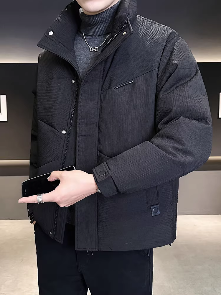 Áo khoác nam, kiểu dáng mùa đông mới, phong cách thời thượng cao cấp, cổ đứng, dáng ngắn, kiểu dáng giản dị, ấm áp và dày dặn