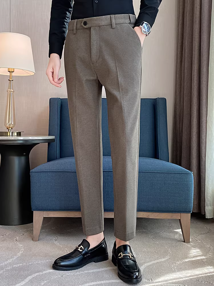 Quần len dày có eo co giãn vô hình dành cho nam, quần thường ngày mùa đông, quần tây len công sở ôm dáng cao cấp